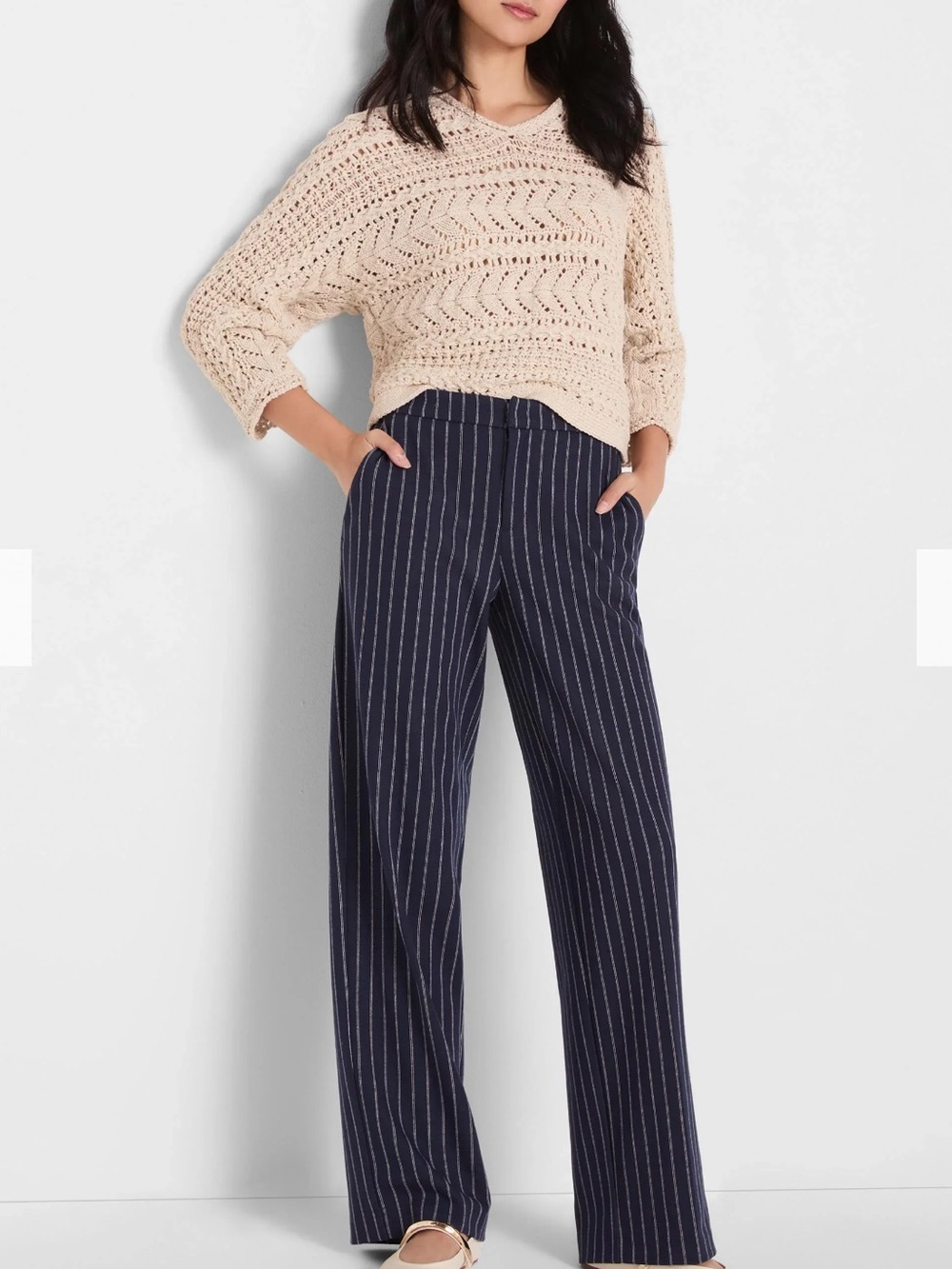 NWT NIC+ZOE Navy Blue Pinstripe Knit Lenox Wide-Leg Trouser Pants with Pockets